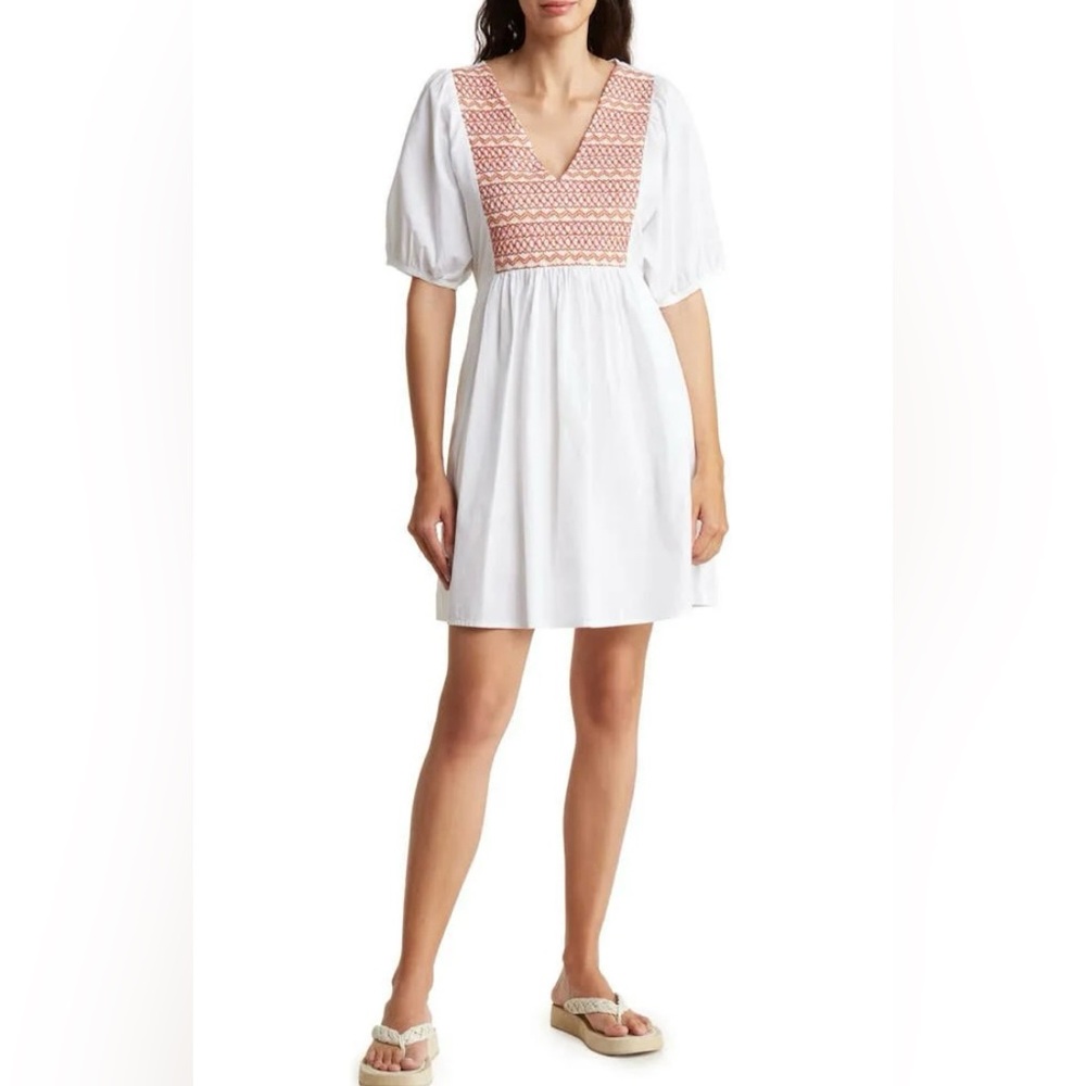 EUC Madewell Embroidered Poplin V-Neck Mini Patterned Dress w/ pockets Size M